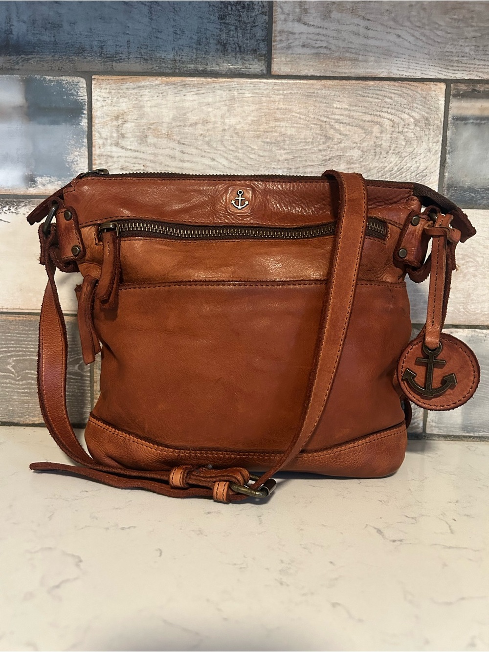 Harbour 2nd Anchor Love Isalie Leather Crossbody Bag w/ Anchor Charm in Cognac